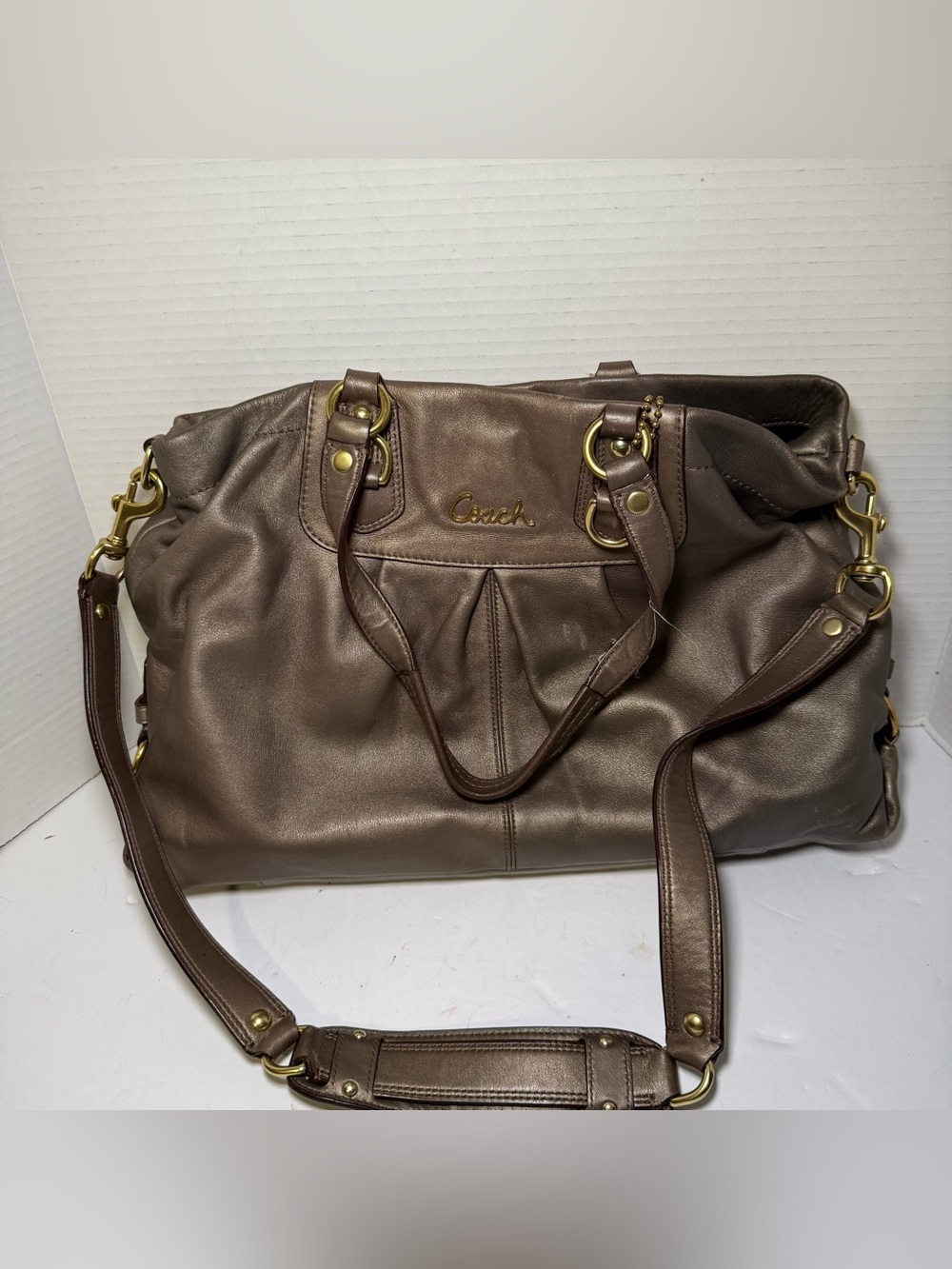 Coach Ashley Metallic Bronze Leather Carryall Satchel Handbag Purse #F15513